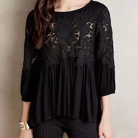Deletta Tops - Anthropologie Deletta Desi Blouse Crochet Lace 3/4 Sleeves Women Small Black